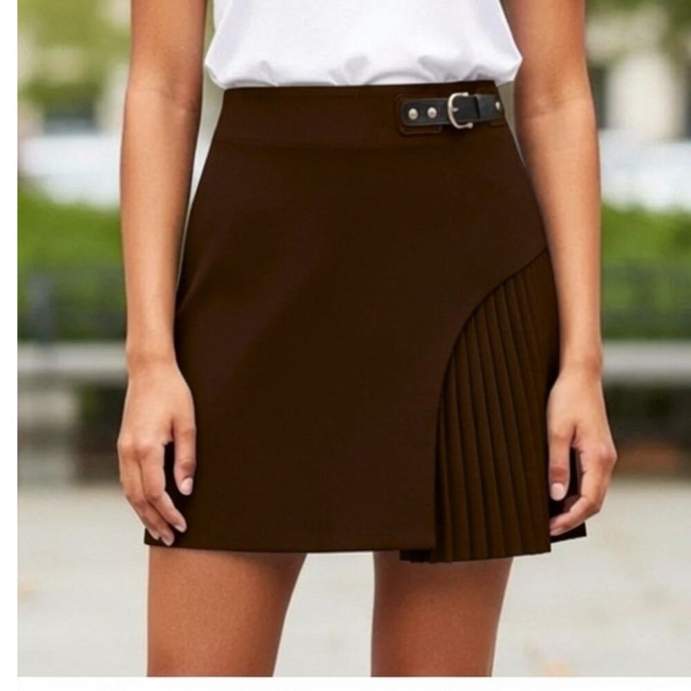 Commense Brown Side Pleated Buckle Mini Skirt XL 12 Lined NWT - Euro Chic